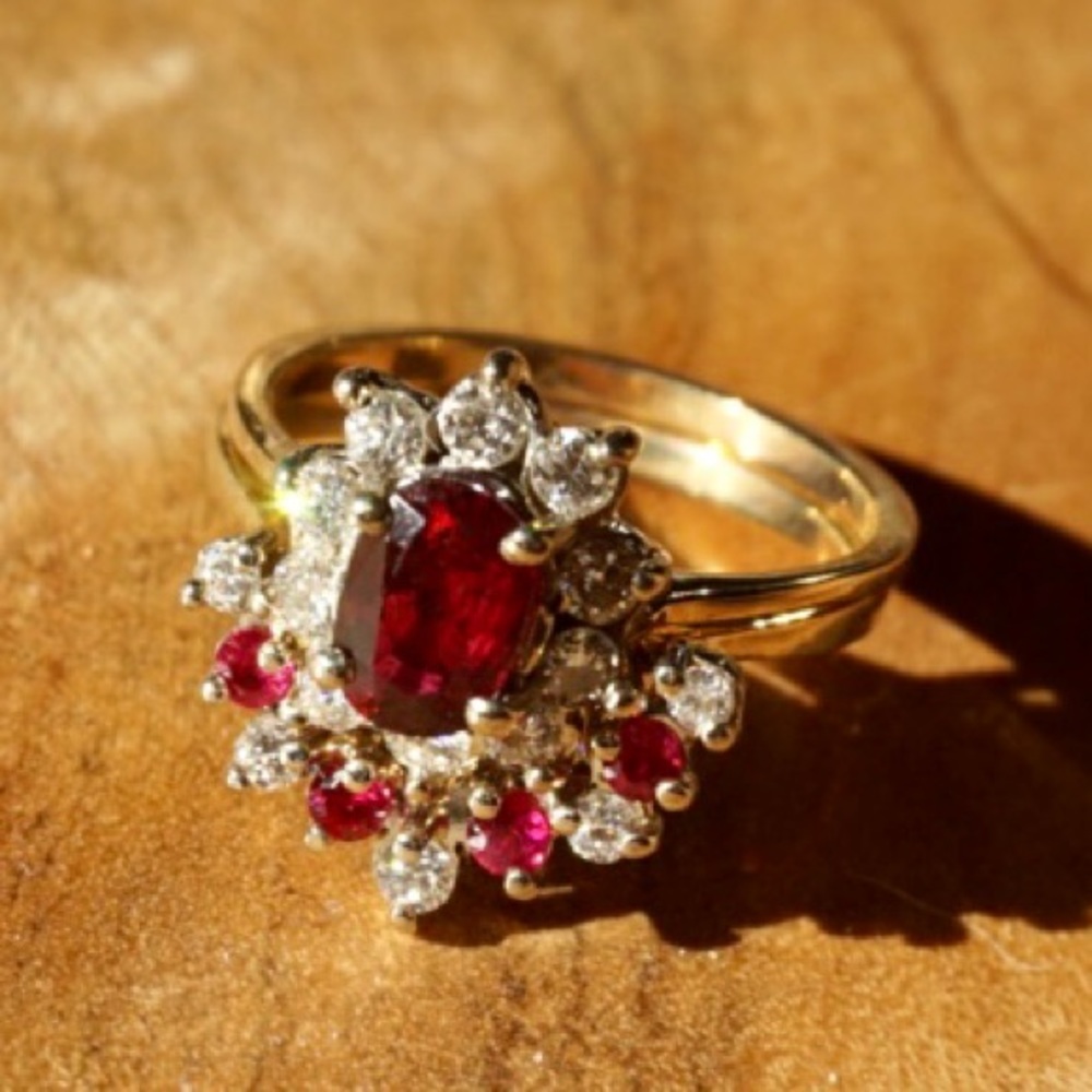 Oxblood genuine ruby & diamond engagement ring & wedding band 14kt gold 1.6 ct